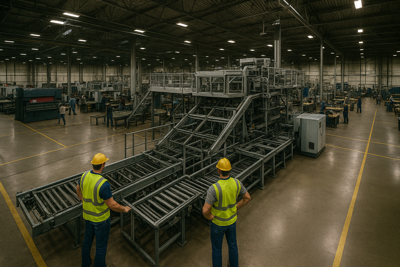 Specialized team safely decommissioning large industrial equipment in an active factory environment